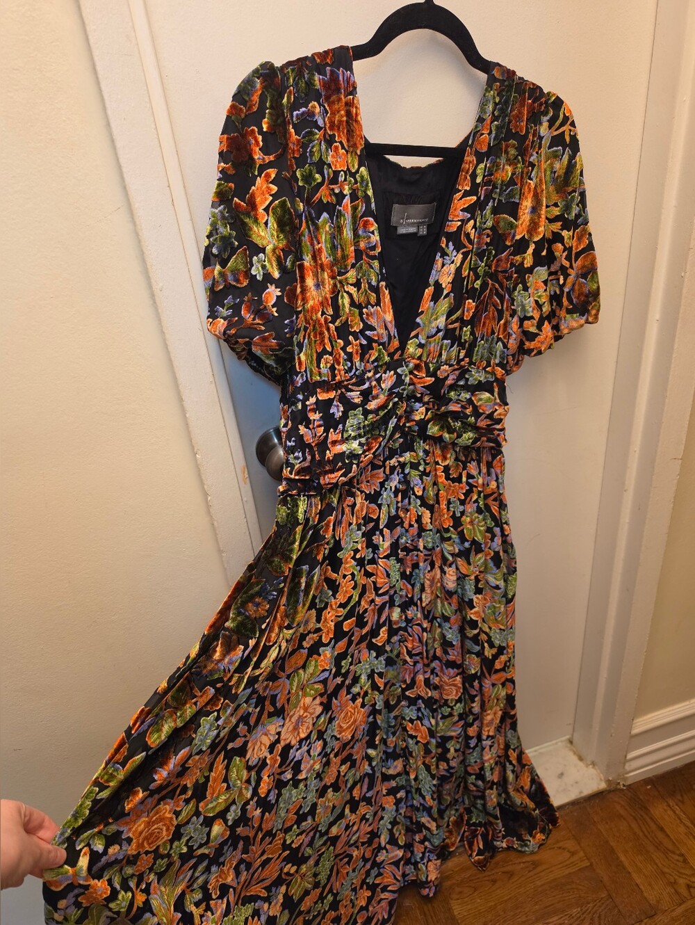 Anthropologie Katrina Black Floral Velvet Maxi Dress with Orange Accents Sz 14